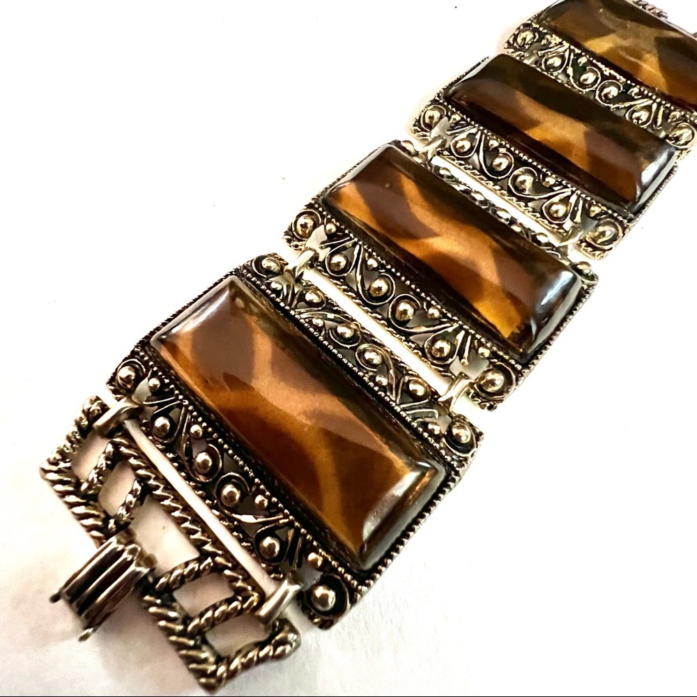 Vintage Cuff Bracelet Faux Tortoise Shell Wide Link Ornate Metal Tiger Stripe